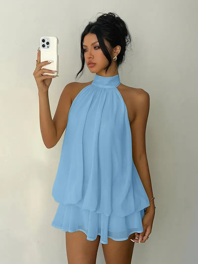 Women's Open-Back Halterneck Lace-Up Waist Puffy Mini Dress | XS–XXL