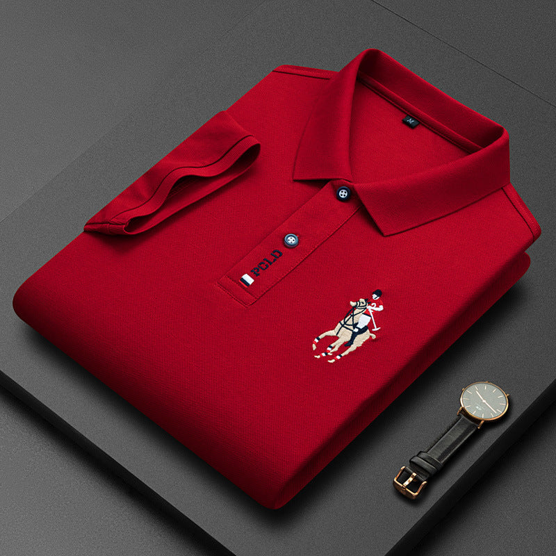 Men's Classic Embroidered Cotton Short-Sleeve Polo - Casual Solid Color Lapel Shirt
