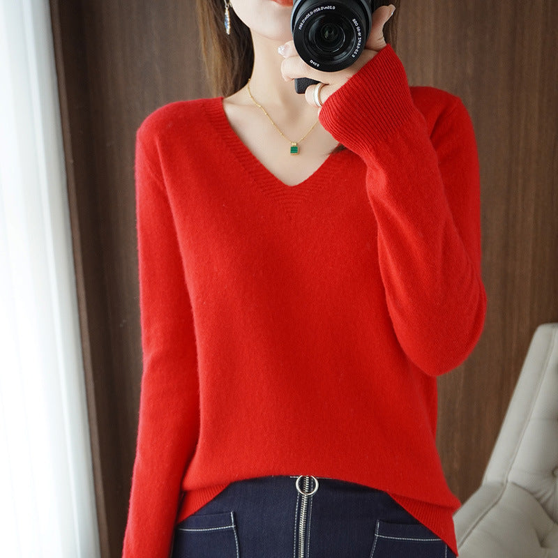 Optimized Title: Women's Classic Solid Color V-Neck Knitted Pullover - Lightweight Soft Base Layer Thin Sweater