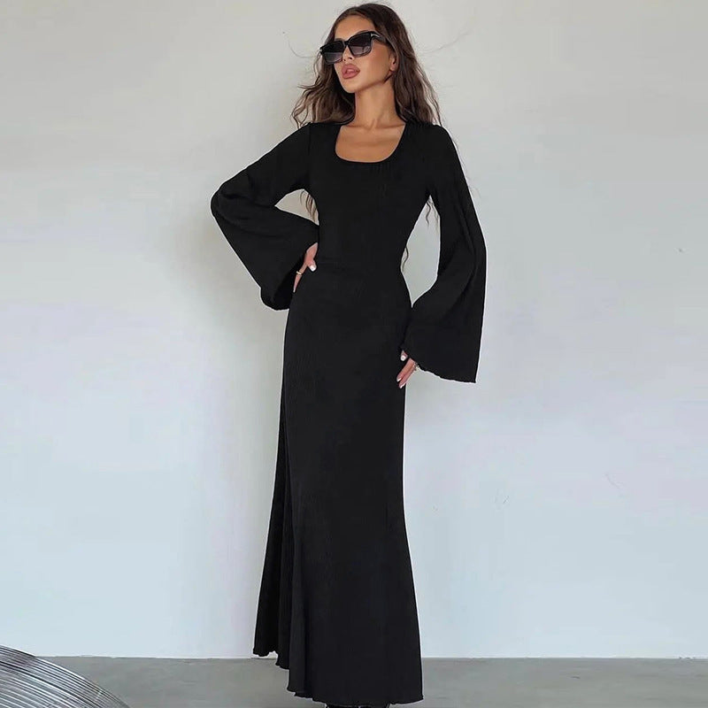 Women's U-Neck Long-Sleeve Lace-Up Back Dress | S–XXL
