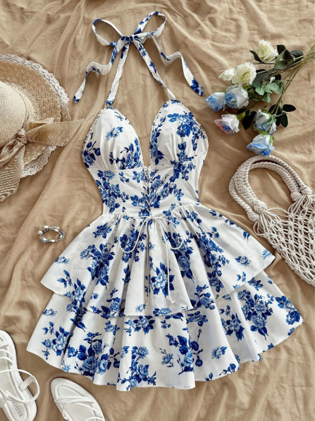 Women's Resort-Style Watercolour Rose Print Tie-Collar Dress – Retro Floral Summer Dress | 5 Colours | S–XXL