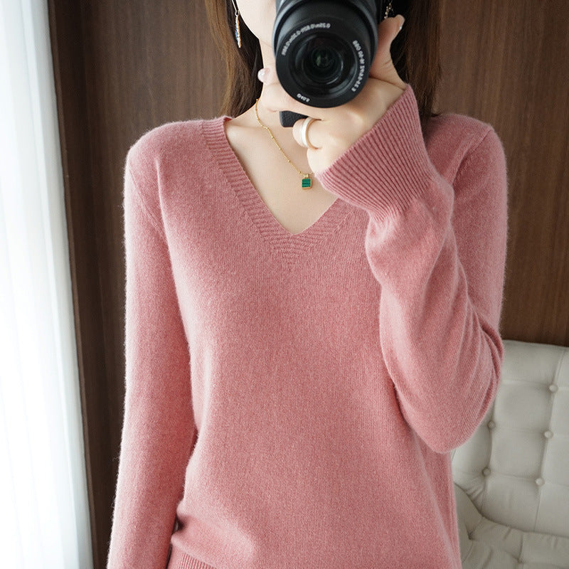 Optimized Title: Women's Classic Solid Color V-Neck Knitted Pullover - Lightweight Soft Base Layer Thin Sweater