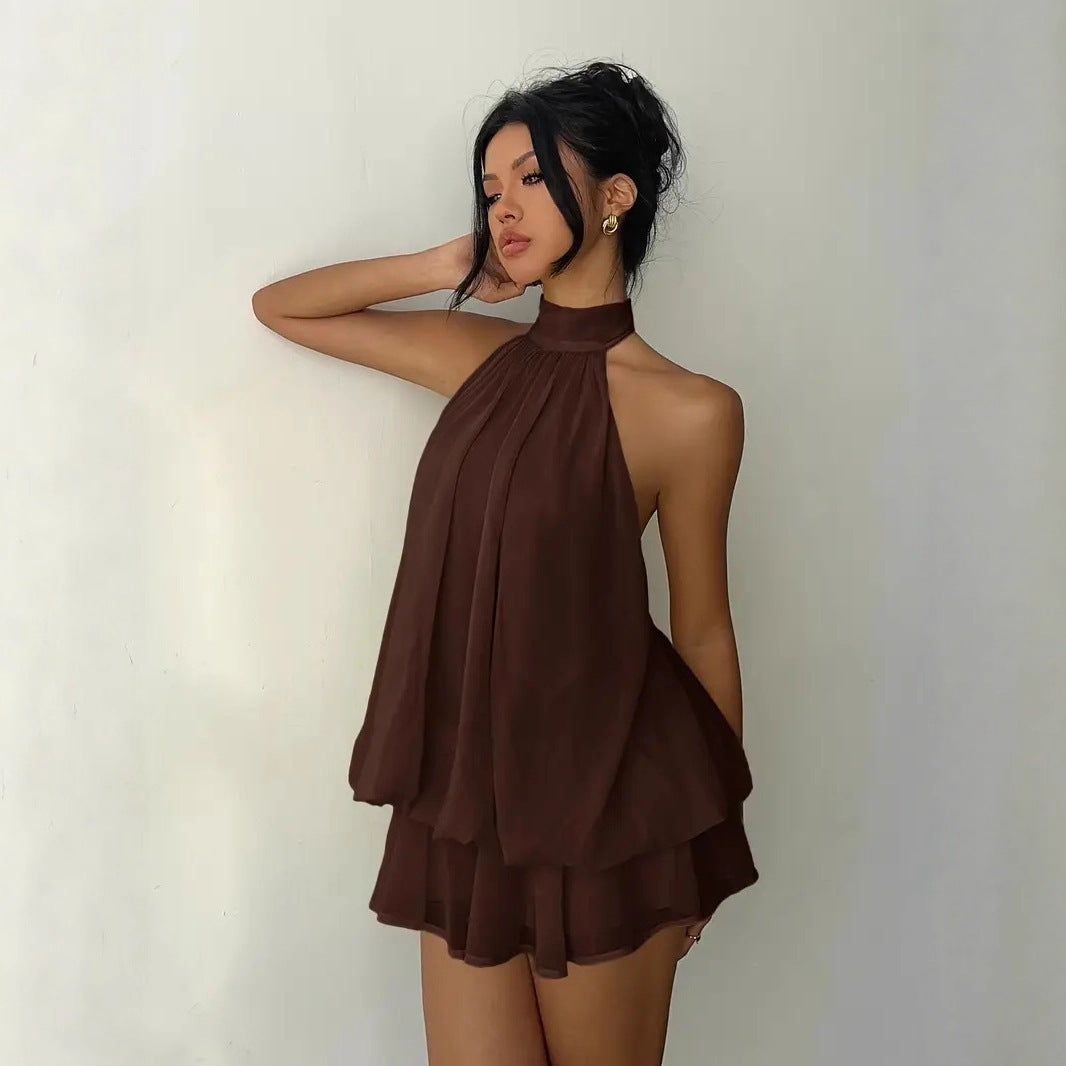 Women's Open-Back Halterneck Lace-Up Waist Puffy Mini Dress | XS–XXL