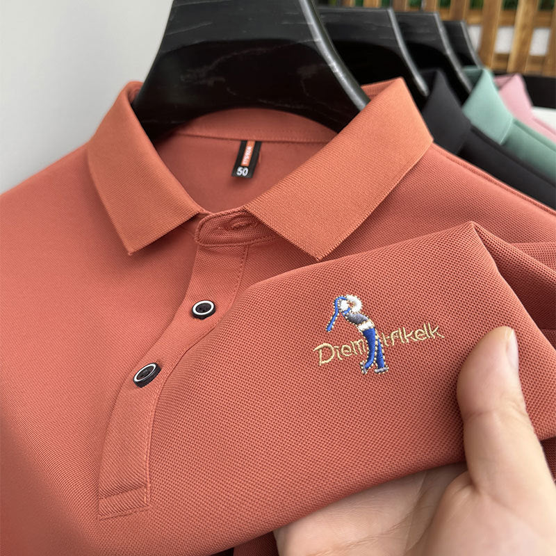 Men's Classic Embroidered Cotton Short-Sleeve Polo - Casual Solid Color Lapel Shirt