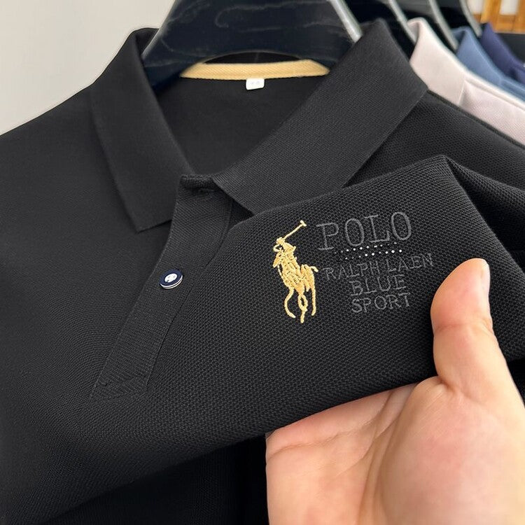 Men's Classic Embroidered Cotton Short-Sleeve Polo - Casual Solid Color Lapel Shirt