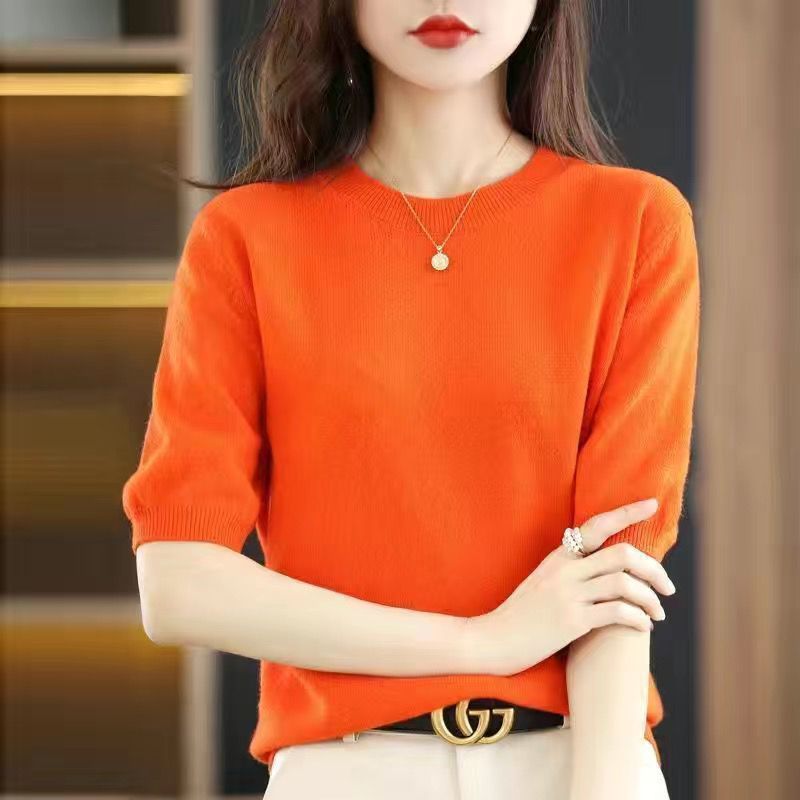 Women's Lightweight Round Neck Half-Sleeve Knitted Sweater - Versatile Slim Fit Base Layer