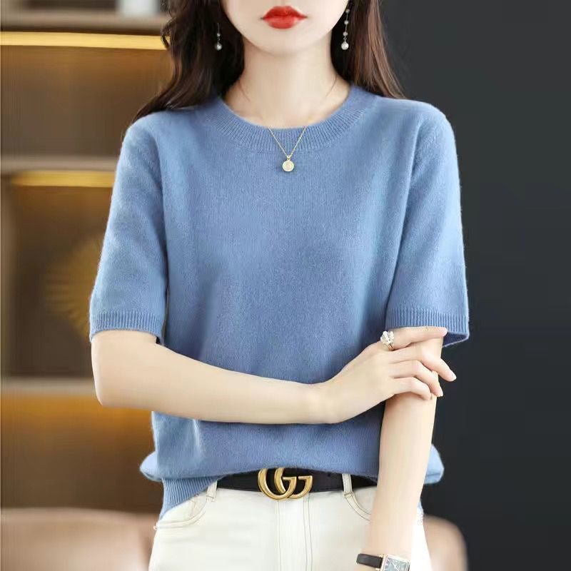 Women's Lightweight Round Neck Half-Sleeve Knitted Sweater - Versatile Slim Fit Base Layer