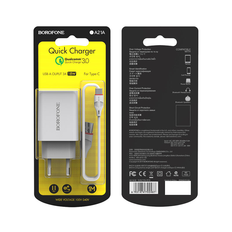 BOROFONE BA21A Single Port QC18W Fast Charger Set - Universal European Spec Cable Kit