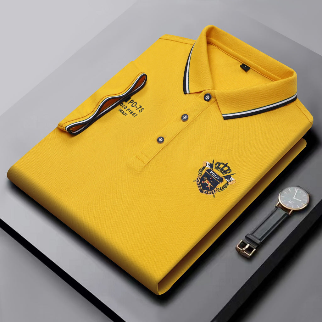 Men's Classic Embroidered Cotton Short-Sleeve Polo - Casual Solid Color Lapel Shirt