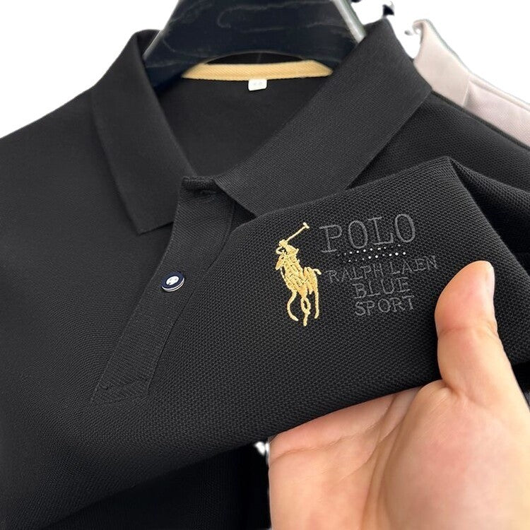 Men's Classic Embroidered Cotton Short-Sleeve Polo - Casual Solid Color Lapel Shirt
