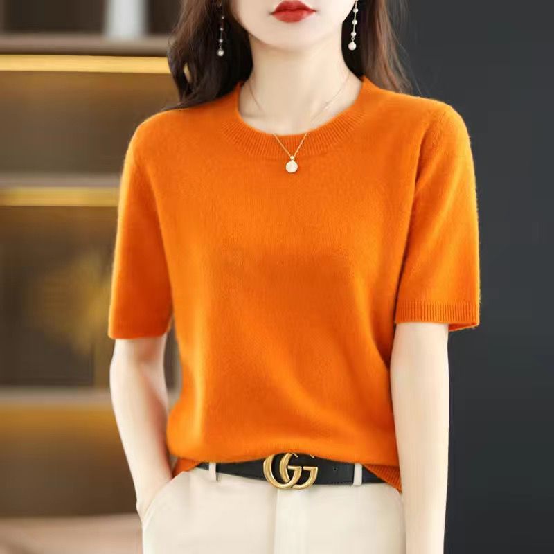 Women's Lightweight Round Neck Half-Sleeve Knitted Sweater - Versatile Slim Fit Base Layer