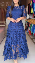 Women's Lace Hollow Crew-Neck Long Waist Dress | S–4XL