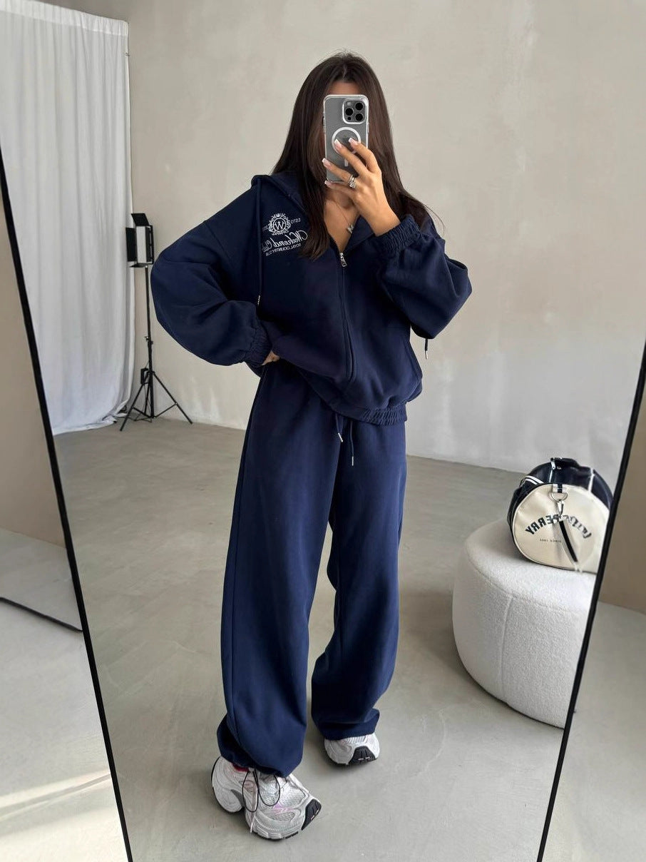 Women's Premium Embroidered Zipper Hoodie & Pants Set - Two-Piece Luxury Loungewear Suit