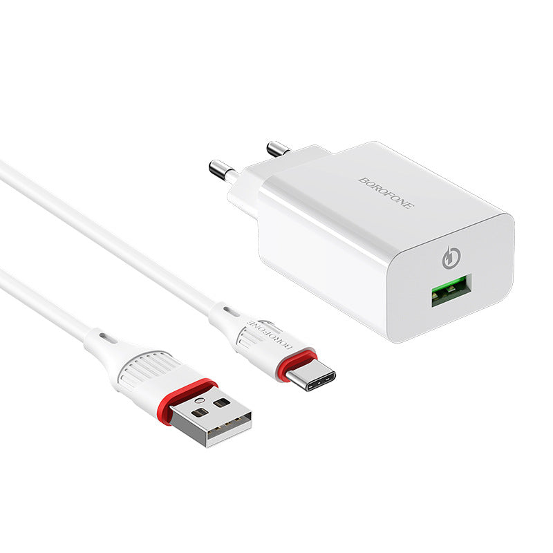 BOROFONE BA21A Single Port QC18W Fast Charger Set - Universal European Spec Cable Kit