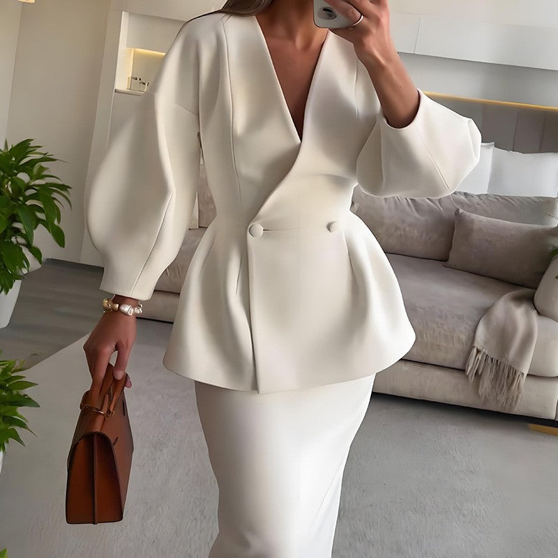 Women's Solid Color Button-Down Puff Sleeve Top & Skirt Set - Two-Piece Sophisticated Dress Suit