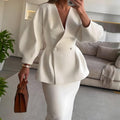 Women's Solid Color Button-Down Puff Sleeve Top & Skirt Set - Two-Piece Sophisticated Dress Suit