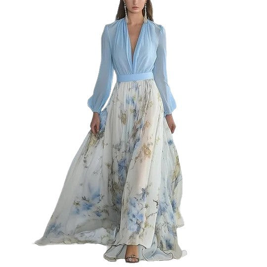 Women's V-Neck Spliced Long Skirt Dress – Long & Short Sleeve | S–3XL