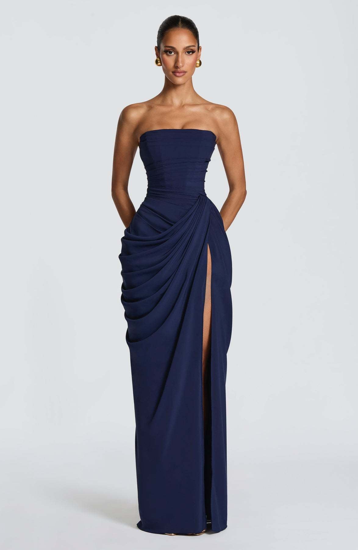 Women's Asymmetrical Pleated Bandeau High-Slit Dress | S–XL
