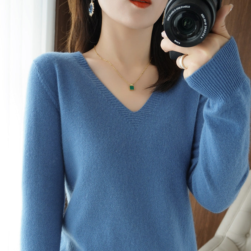 Optimized Title: Women's Classic Solid Color V-Neck Knitted Pullover - Lightweight Soft Base Layer Thin Sweater