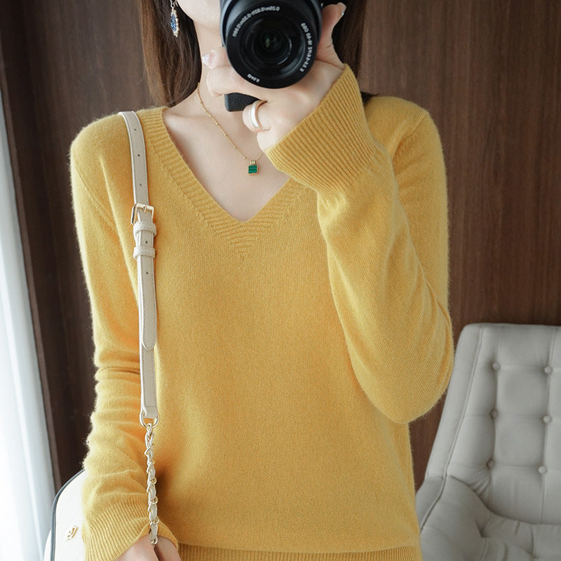 Optimized Title: Women's Classic Solid Color V-Neck Knitted Pullover - Lightweight Soft Base Layer Thin Sweater