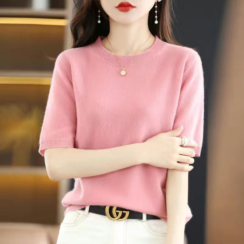 Women's Lightweight Round Neck Half-Sleeve Knitted Sweater - Versatile Slim Fit Base Layer