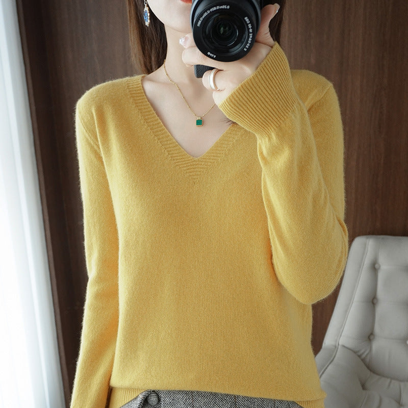 Optimized Title: Women's Classic Solid Color V-Neck Knitted Pullover - Lightweight Soft Base Layer Thin Sweater