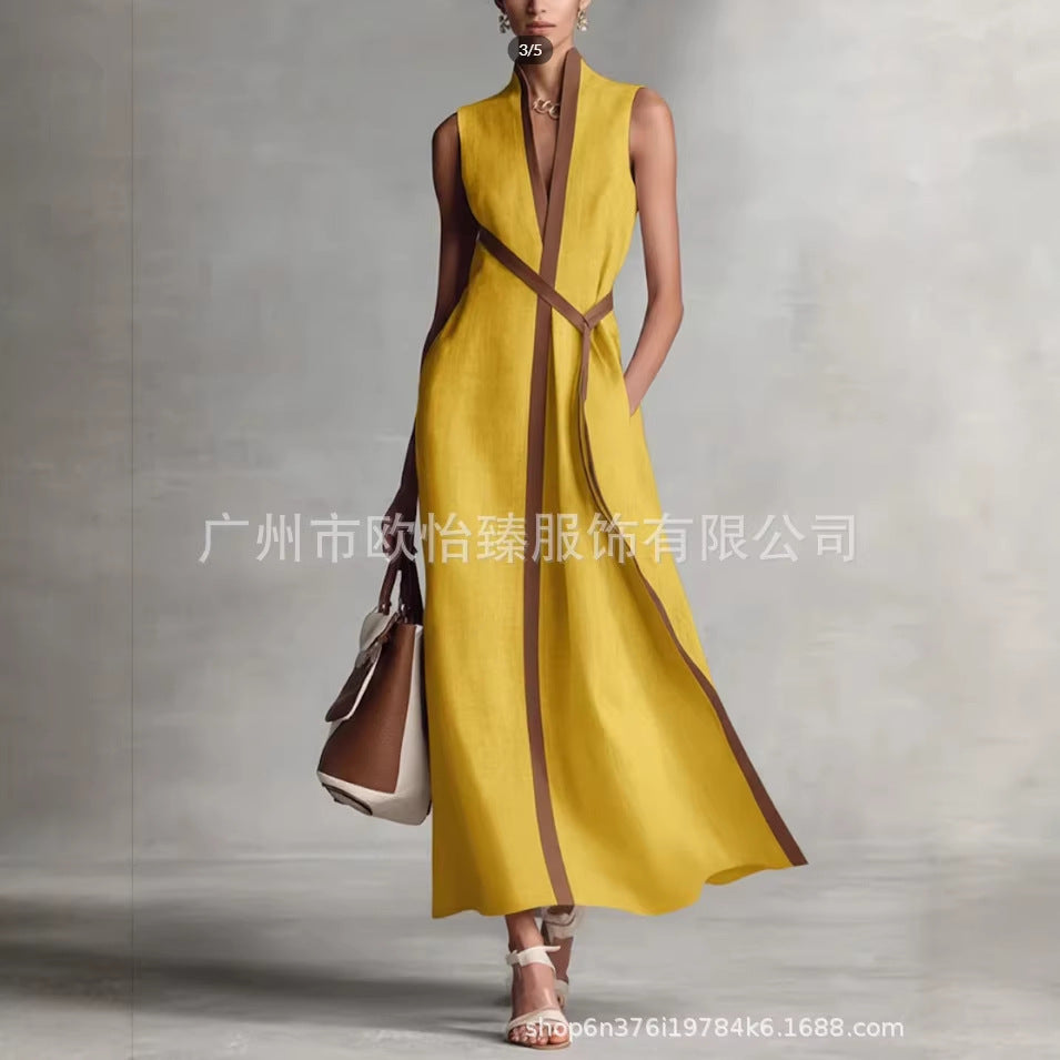 Women's Stand-Up Collar Sleeveless Contrast Loose Dress | S–XXXL