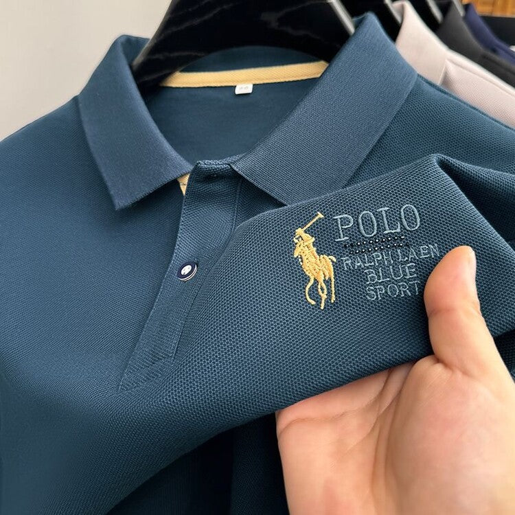 Men's Classic Embroidered Cotton Short-Sleeve Polo - Casual Solid Color Lapel Shirt