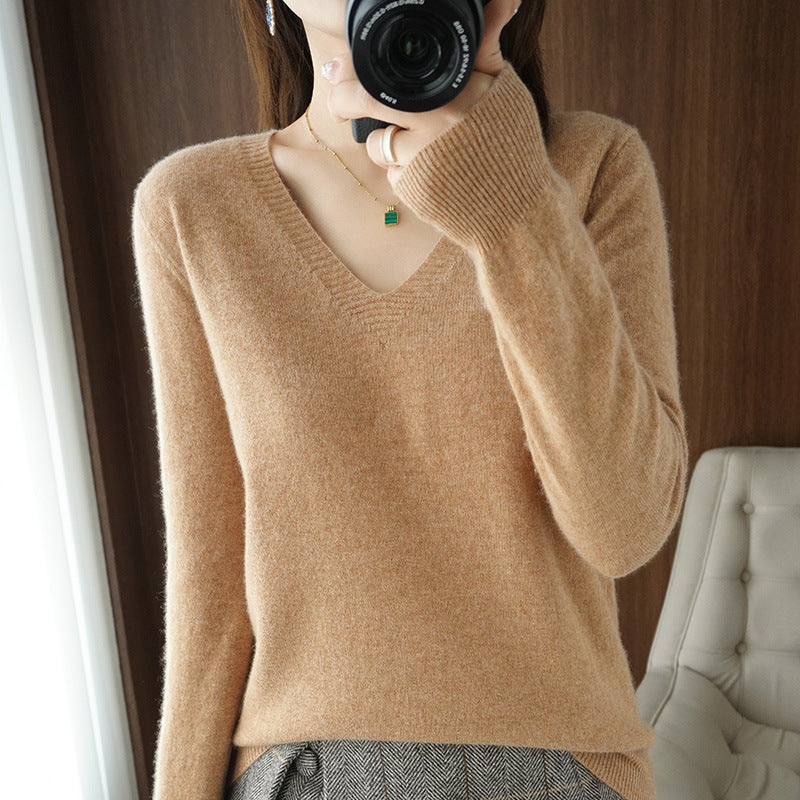 Optimized Title: Women's Classic Solid Color V-Neck Knitted Pullover - Lightweight Soft Base Layer Thin Sweater