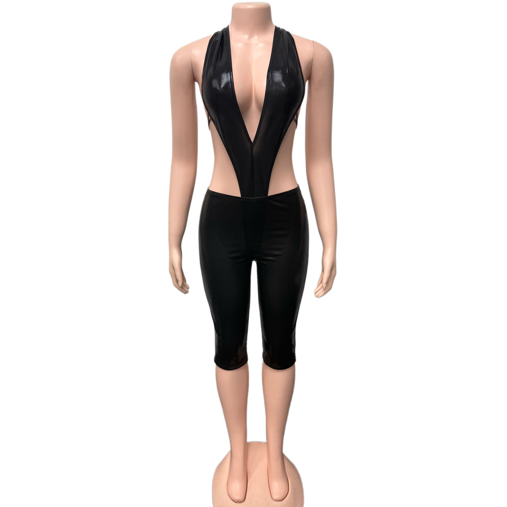 Women's Deep V Open-Back Ice Silk Halterneck Top & Cropped Trousers Set - Two-Piece Night Out Suit