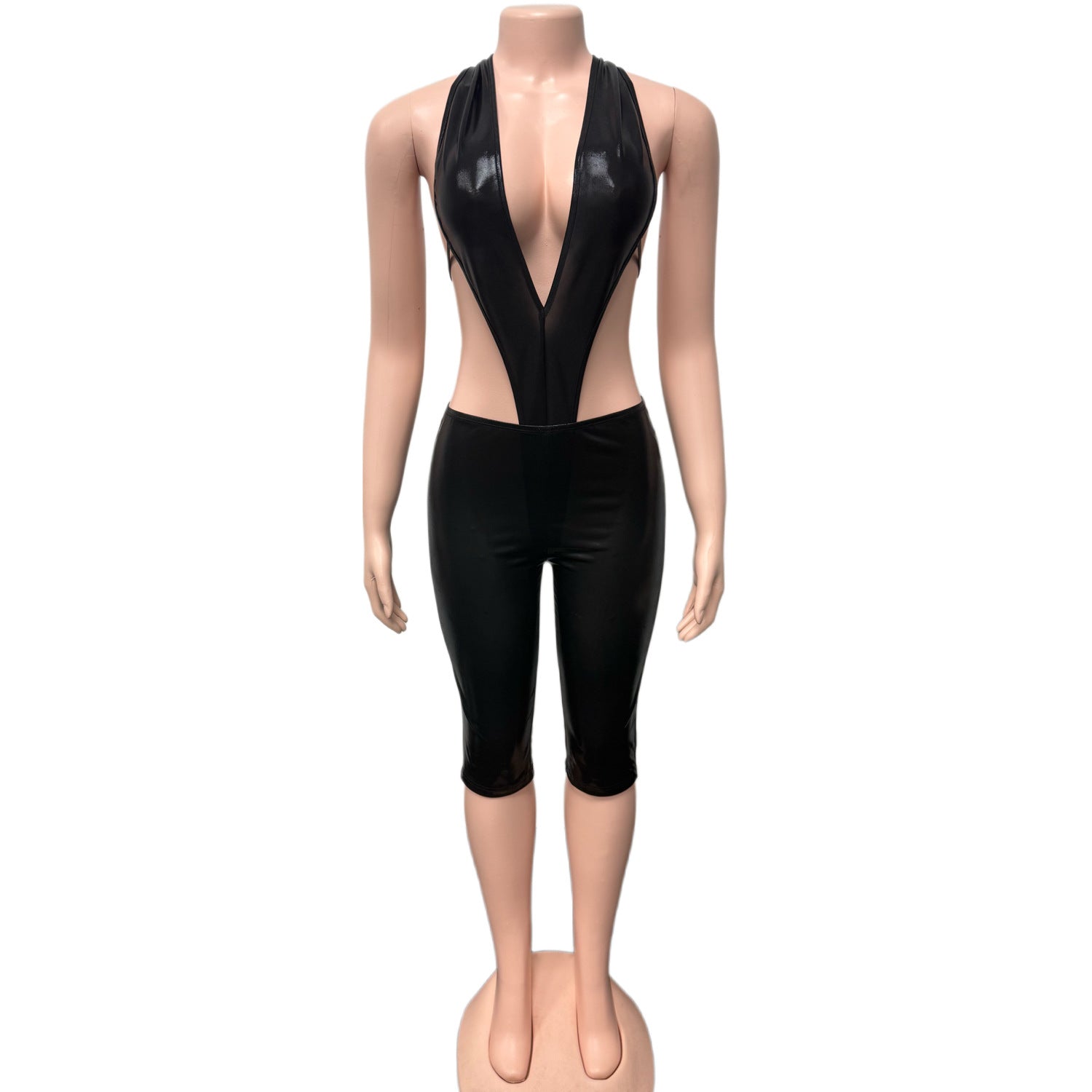Women's Deep V Open-Back Ice Silk Halterneck Top & Cropped Trousers Set - Two-Piece Night Out Suit