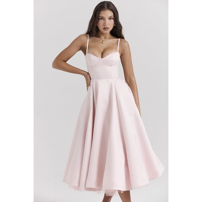 Women's French Mesh Princess Dress – Double-Layer Spaghetti Strap | S–XXL