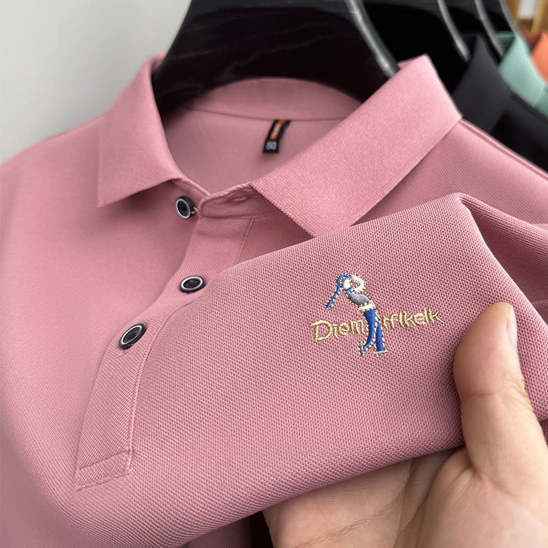 Men's Classic Embroidered Cotton Short-Sleeve Polo - Casual Solid Color Lapel Shirt