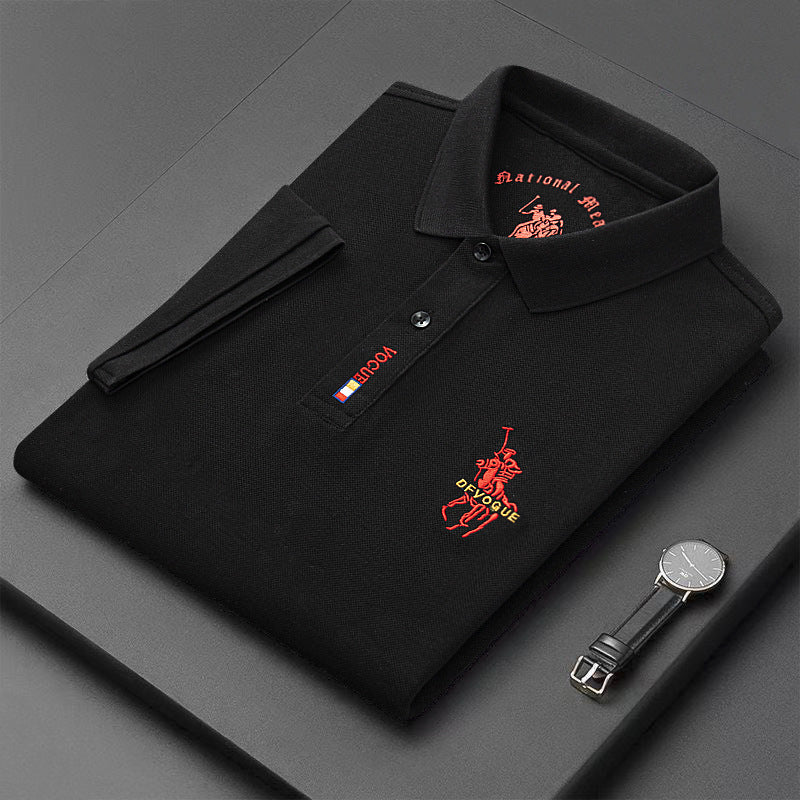 Men's Classic Embroidered Cotton Short-Sleeve Polo - Casual Solid Color Lapel Shirt