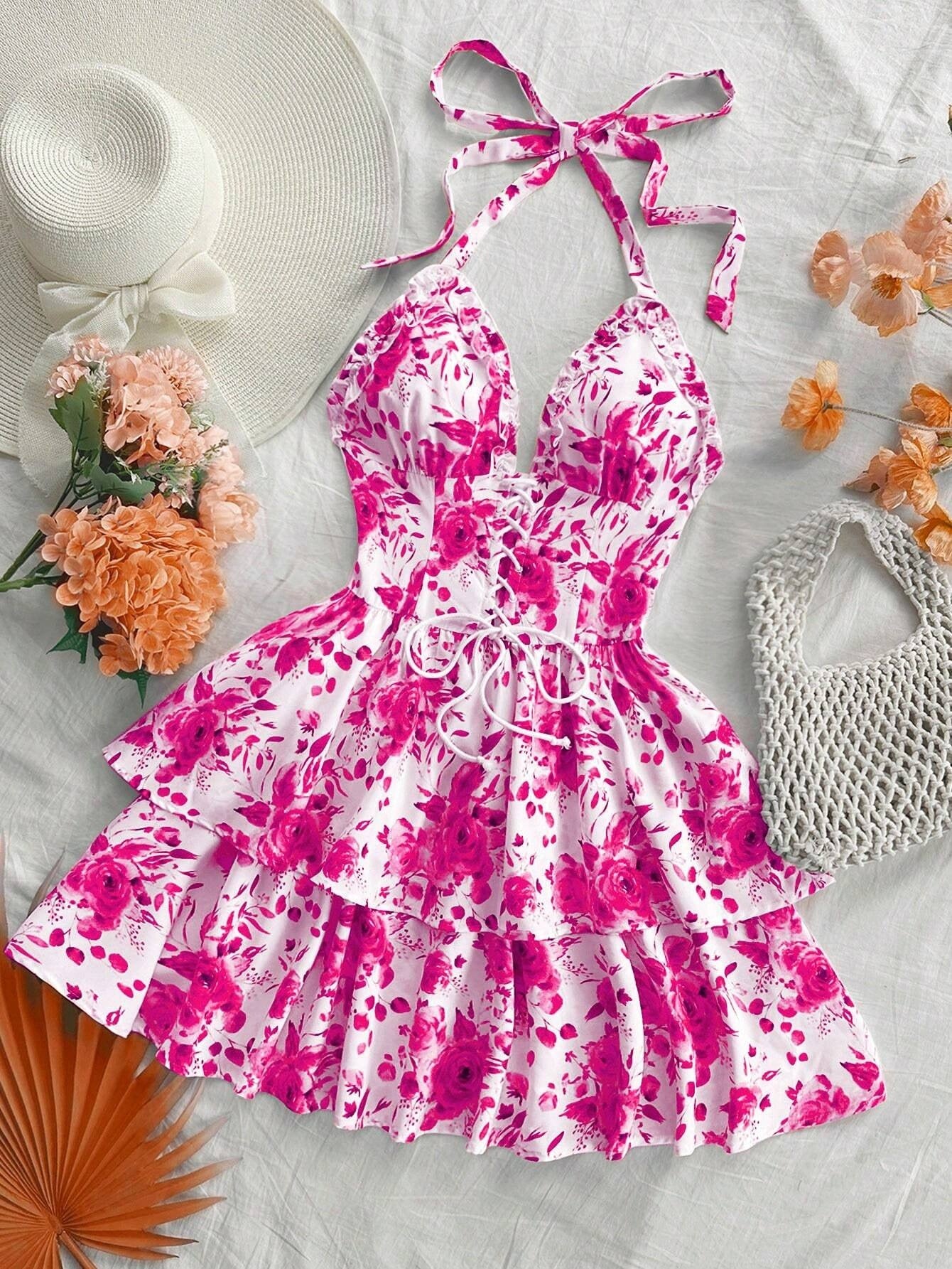 Women's Resort-Style Watercolour Rose Print Tie-Collar Dress – Retro Floral Summer Dress | 5 Colours | S–XXL