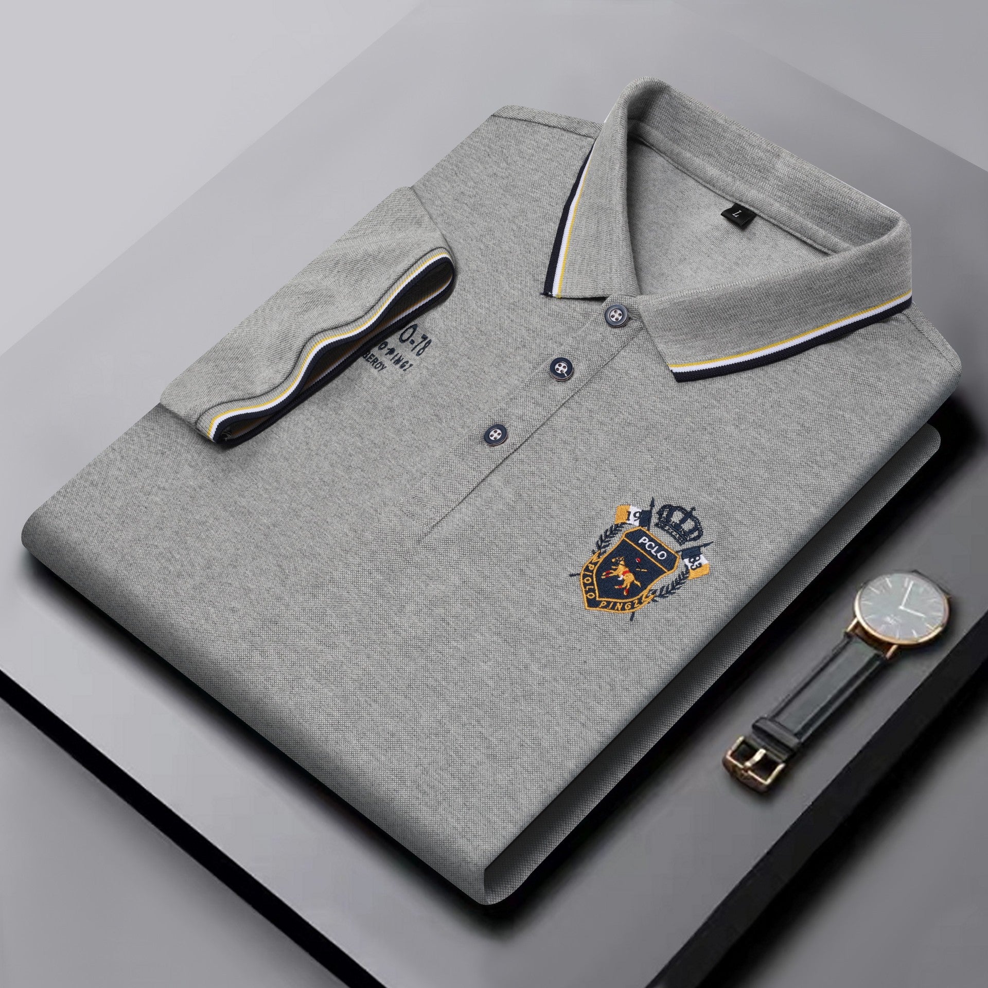 Men's Classic Embroidered Cotton Short-Sleeve Polo - Casual Solid Color Lapel Shirt