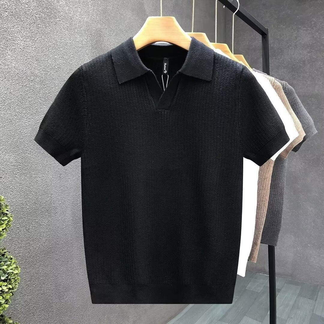 Men's Premium Knitted Lapel Short-Sleeve Polo - Slim Fit Half-Sleeve Summer Base Layer