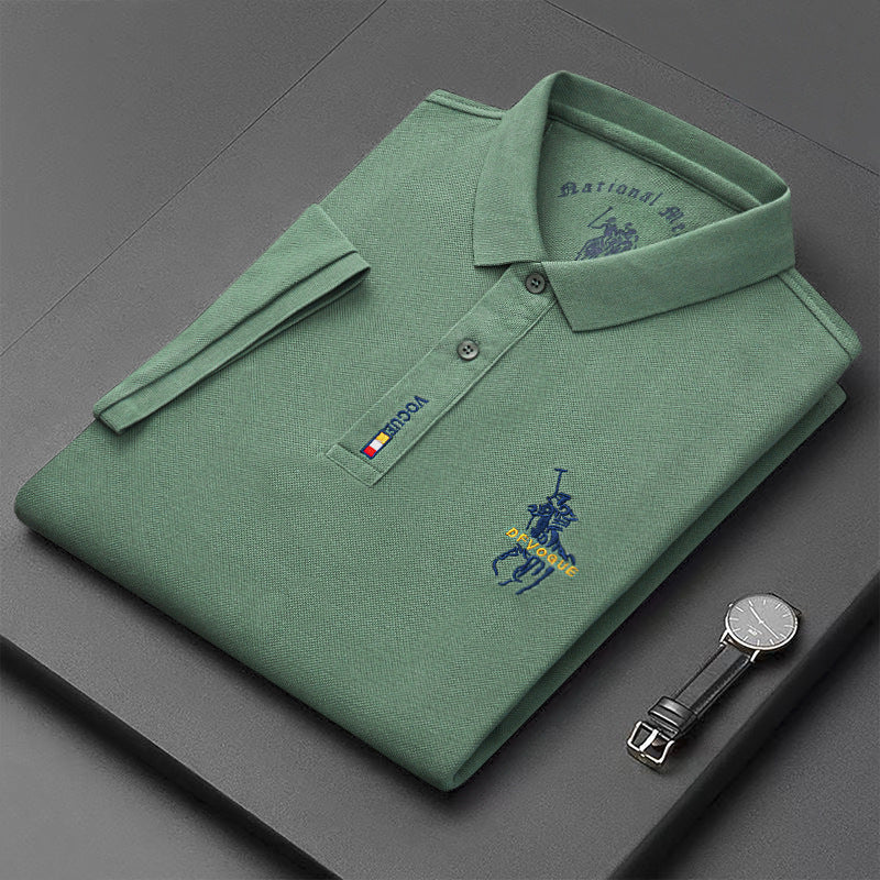 Men's Classic Embroidered Cotton Short-Sleeve Polo - Casual Solid Color Lapel Shirt