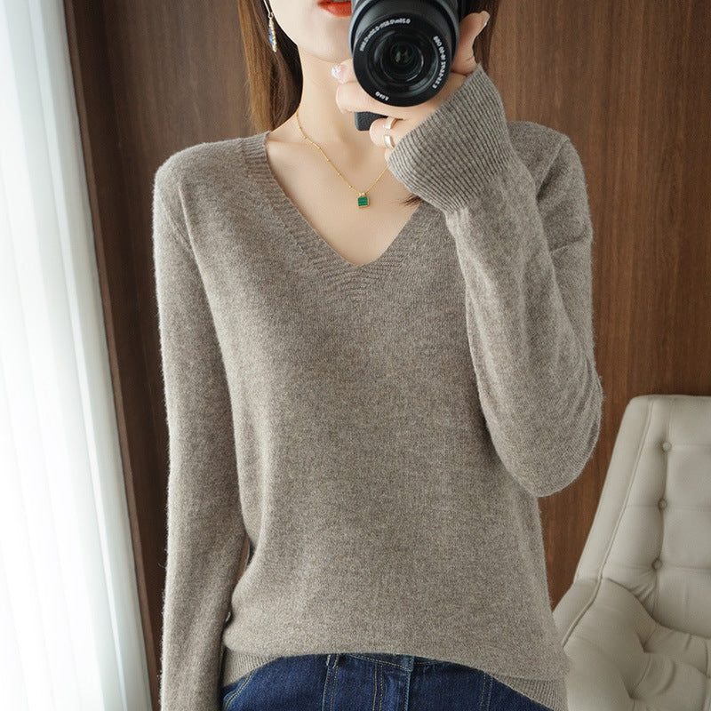 Optimized Title: Women's Classic Solid Color V-Neck Knitted Pullover - Lightweight Soft Base Layer Thin Sweater