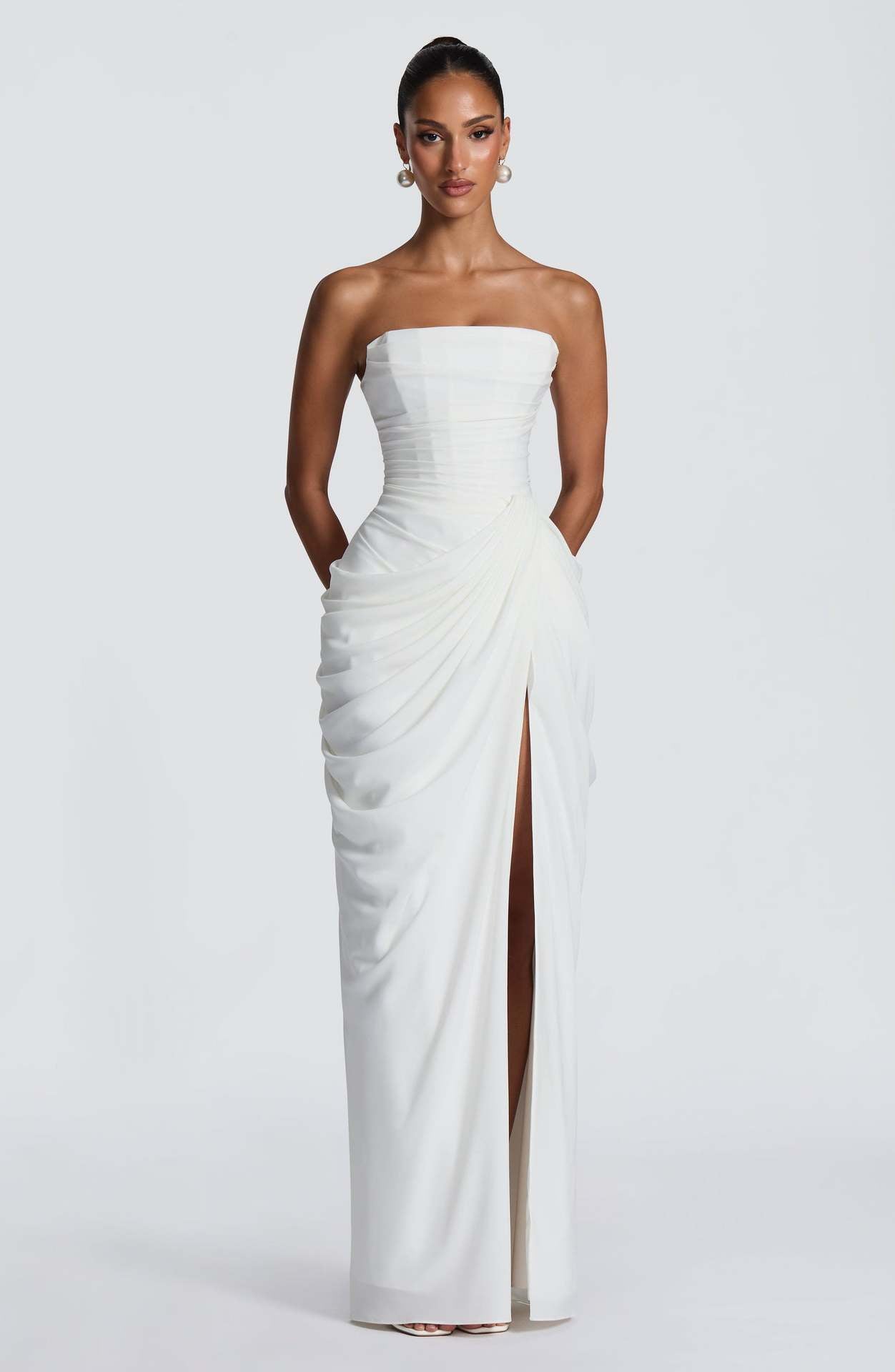 Women's Asymmetrical Pleated Bandeau High-Slit Dress | S–XL