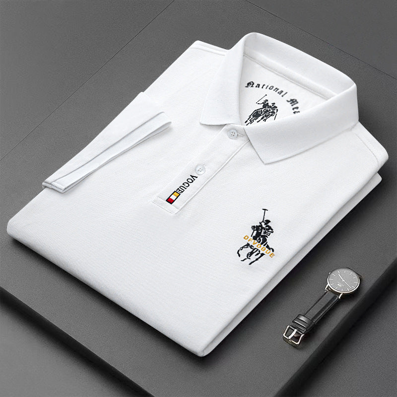 Men's Classic Embroidered Cotton Short-Sleeve Polo - Casual Solid Color Lapel Shirt