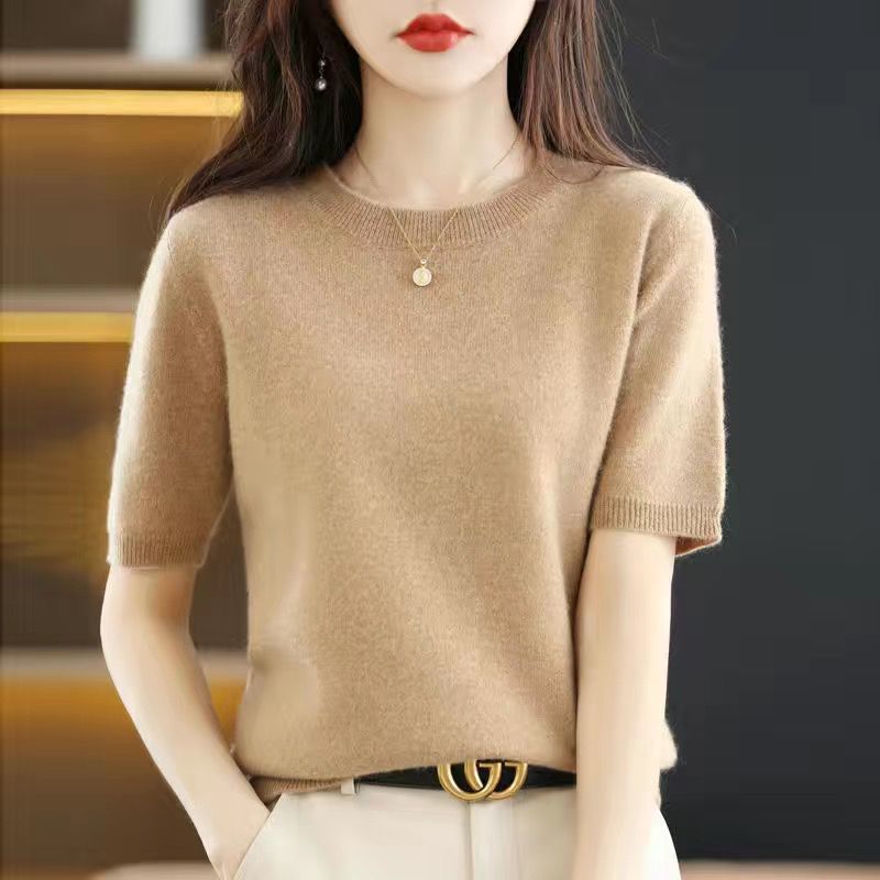 Women's Lightweight Round Neck Half-Sleeve Knitted Sweater - Versatile Slim Fit Base Layer
