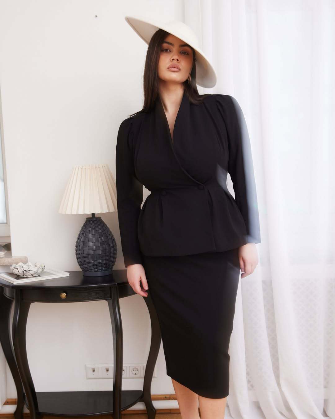 Women's Solid Color Button-Down Puff Sleeve Top & Skirt Set - Two-Piece Sophisticated Dress Suit