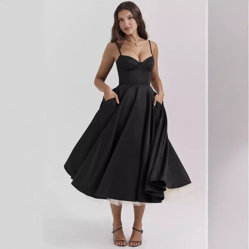 Women's French Mesh Princess Dress – Double-Layer Spaghetti Strap | S–XXL