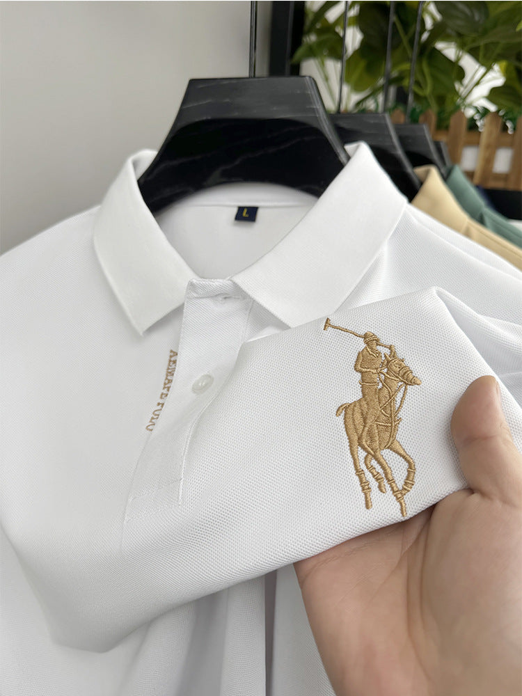Men's Classic Embroidered Cotton Short-Sleeve Polo - Casual Solid Color Lapel Shirt