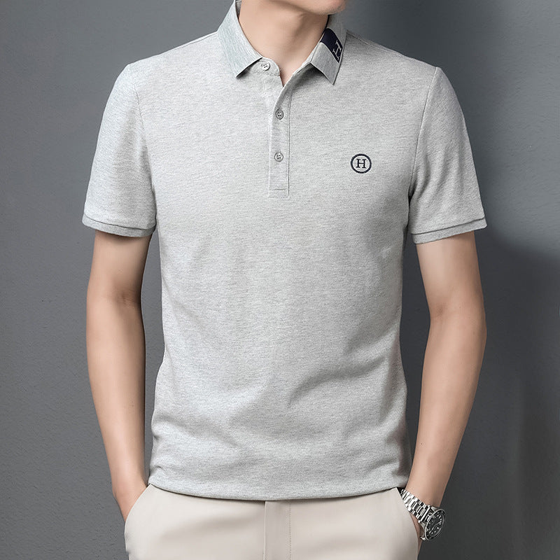 Men's Classic Embroidered Cotton Short-Sleeve Polo - Casual Solid Color Lapel Shirt