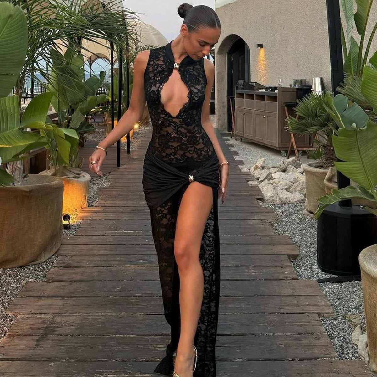 Women's Lace Cut-Out High-Slit Slim Sleeveless Dress – Sexy Fashion Evening Dress | Black, White & Red Wine | S–XXL