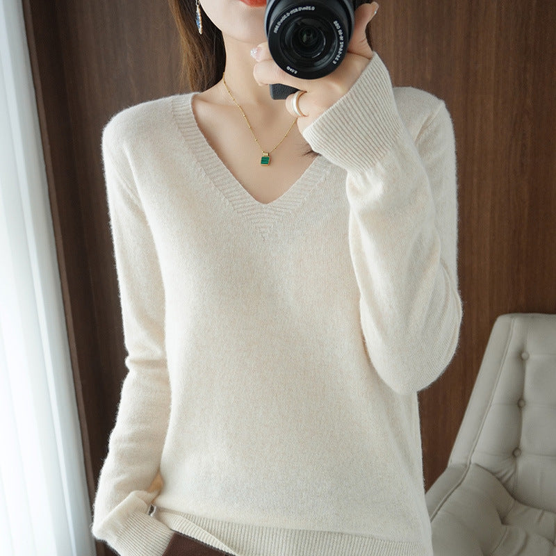 Optimized Title: Women's Classic Solid Color V-Neck Knitted Pullover - Lightweight Soft Base Layer Thin Sweater