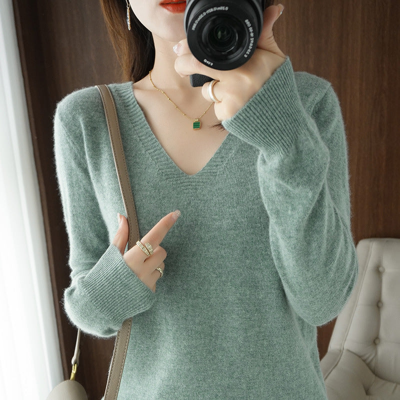Optimized Title: Women's Classic Solid Color V-Neck Knitted Pullover - Lightweight Soft Base Layer Thin Sweater