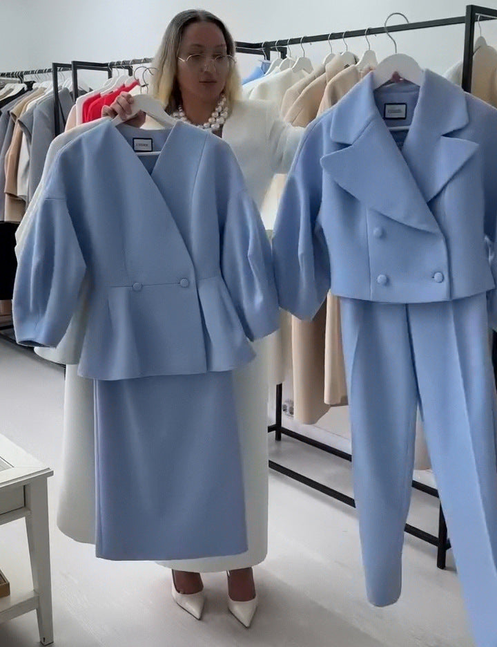 Women's Solid Color Button-Down Puff Sleeve Top & Skirt Set - Two-Piece Sophisticated Dress Suit
